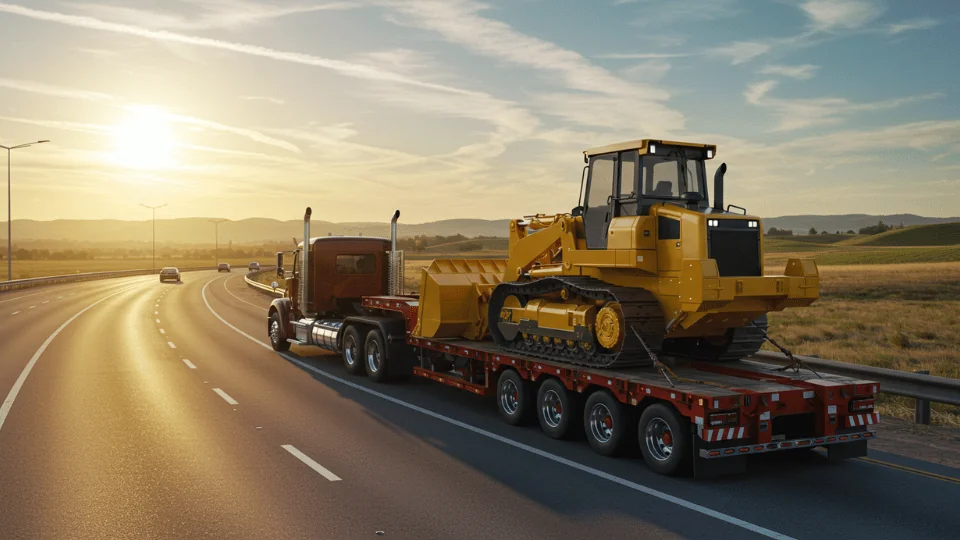 flatbed trailer carrying chained bulldozer towards the setting sun