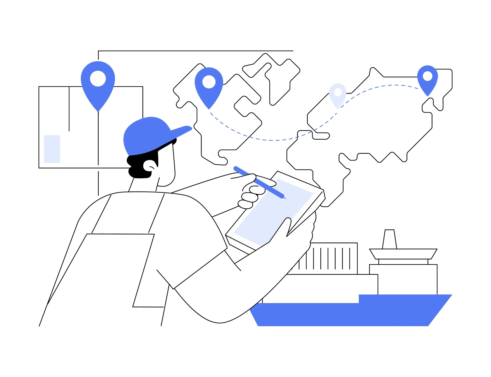 illustration of a man with clip board looking at a world map