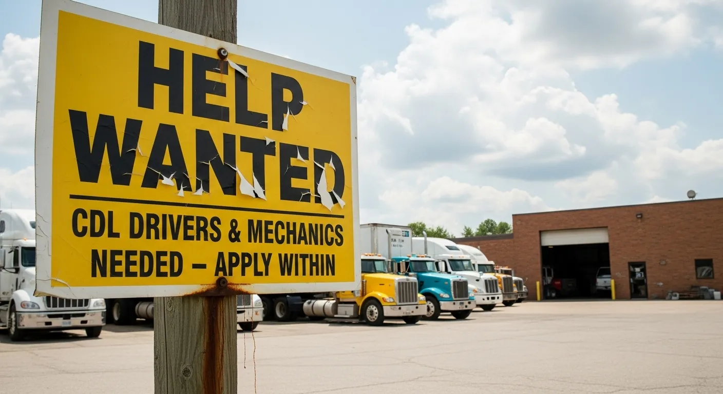 Yellow help wanted sign outside of a trucking company