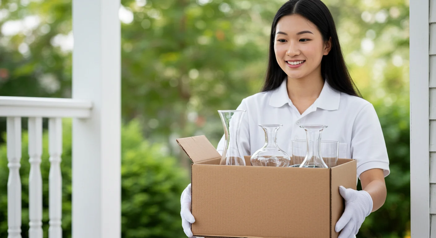 A woman holding a box of glass vases