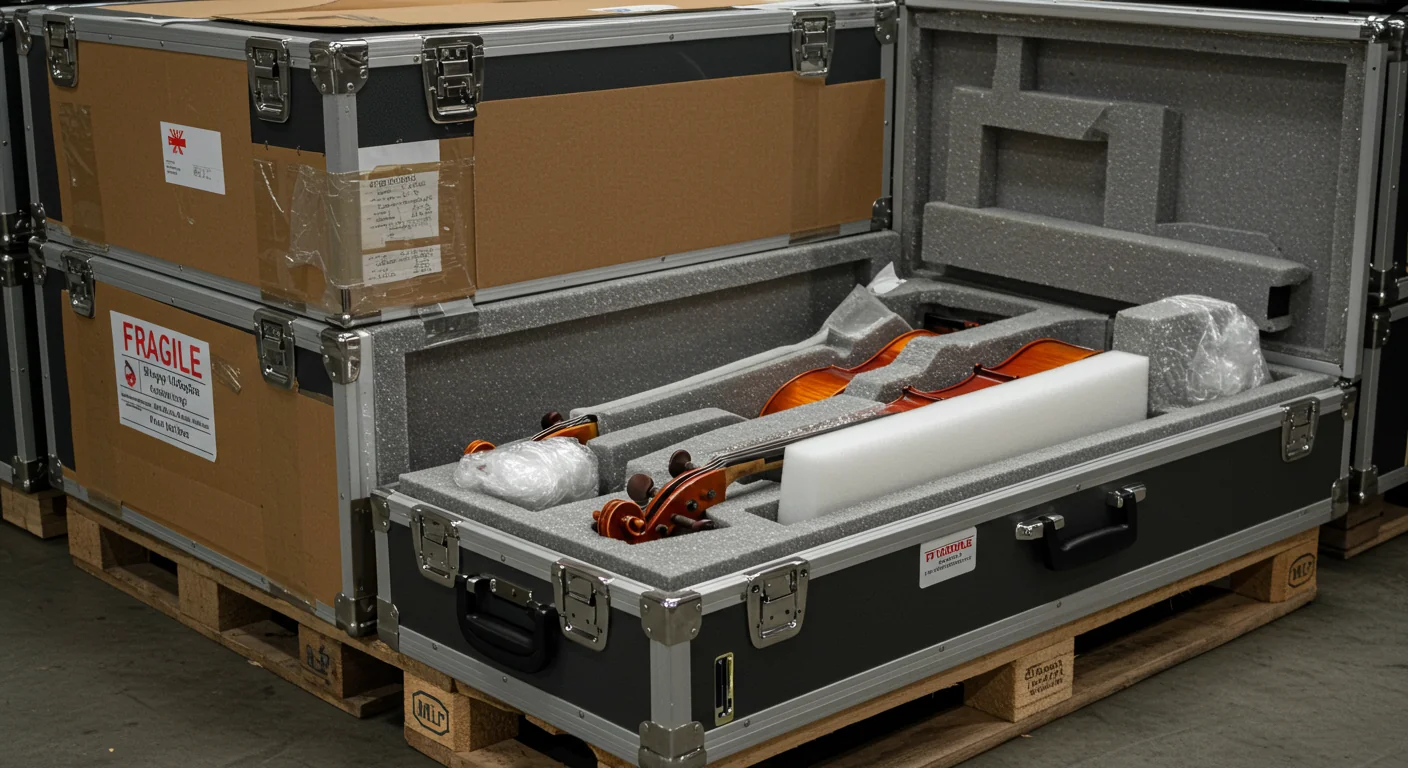 AI image of string instruments packaged for freight shipping