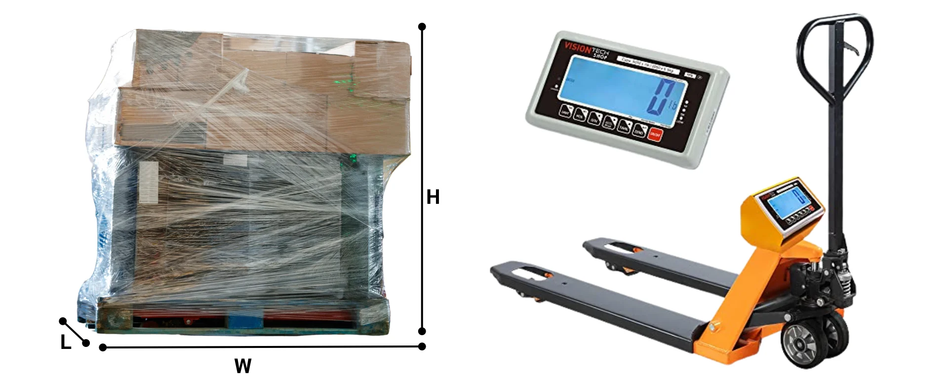 pallet of goods next to a pallet jack and small digital scale