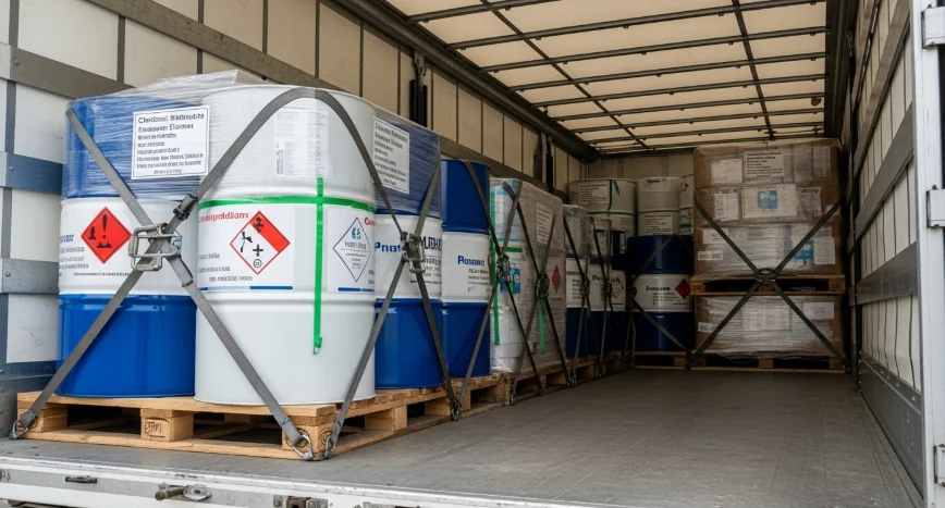 AI image of barrels of chemical intermediates freight packaged on the back of a truck trailer