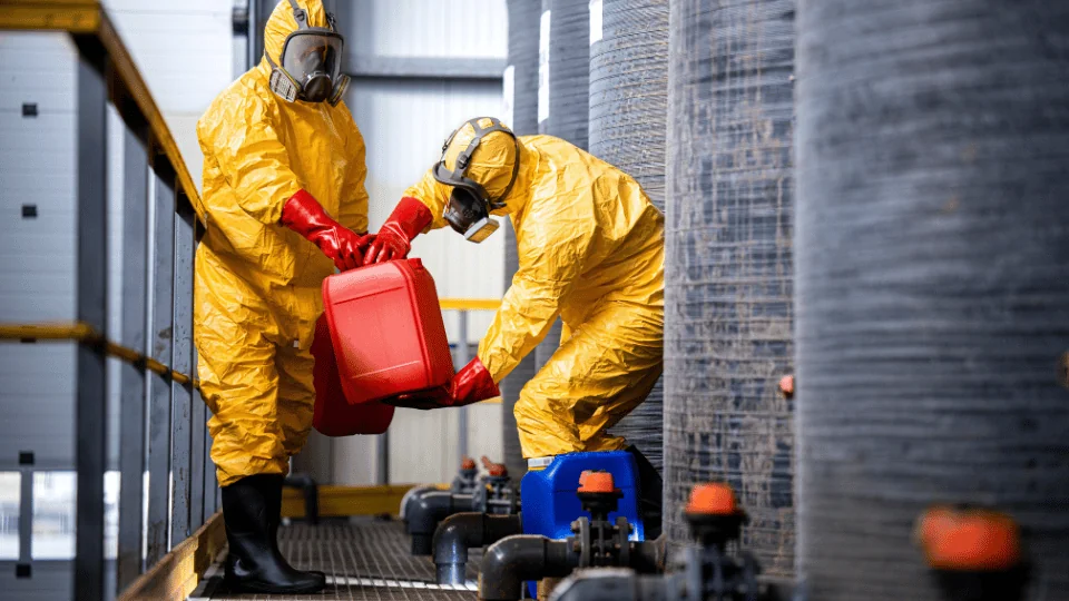 Shipping Chemicals and Hazardous Materials two chemical workers carrying canisters with hazardous materials and standing by large storage acid tanks.