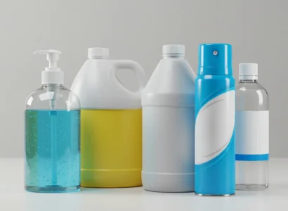 white countertop with cleaning solutions on it