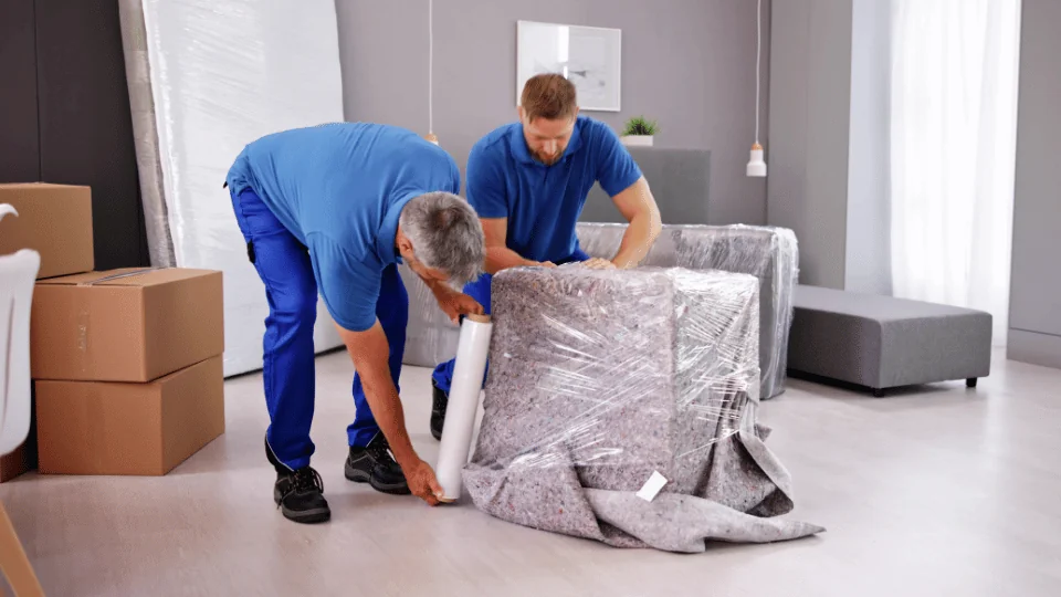 Shipping Furniture and Home Goods two workers wrapping furniture in blankets and shrink wrap