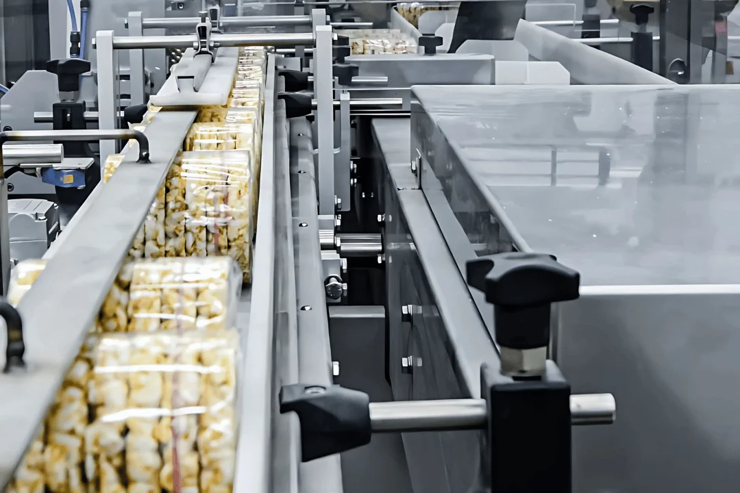 food product goes down assembly line and is packaged into cylinders