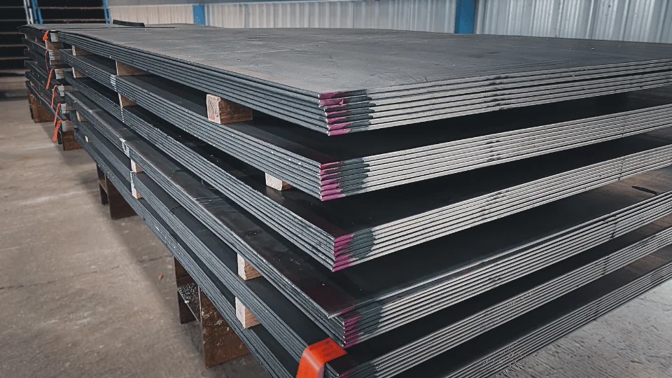 Shipping Metal and Metal Products sheet metal stacked on each other on top of wooden blocks