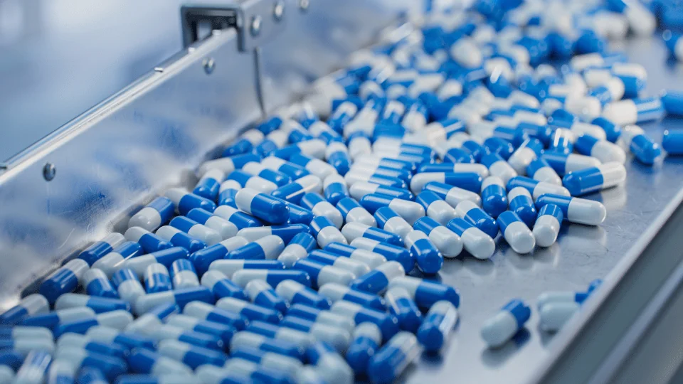 blue and white capsules transported on conveyor in pharmaceutical plant