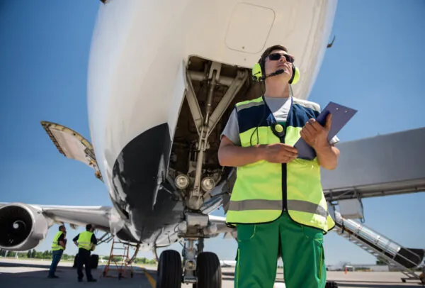 Preparation,For,The,Flight.,Low,Angle,Portrait,Of,Man,In aircraft worker standing under a airplane