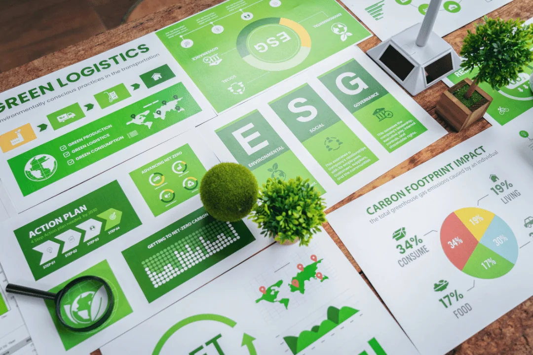 Sheets on top of a wooden table depict green logistics and action plans to implement sustainability