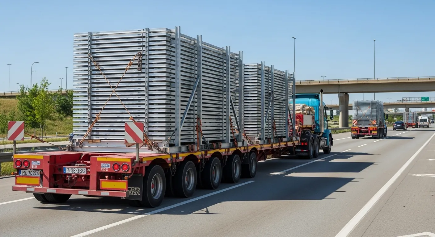 AI image of transporting renewable energy equipment on heavy haul trailer