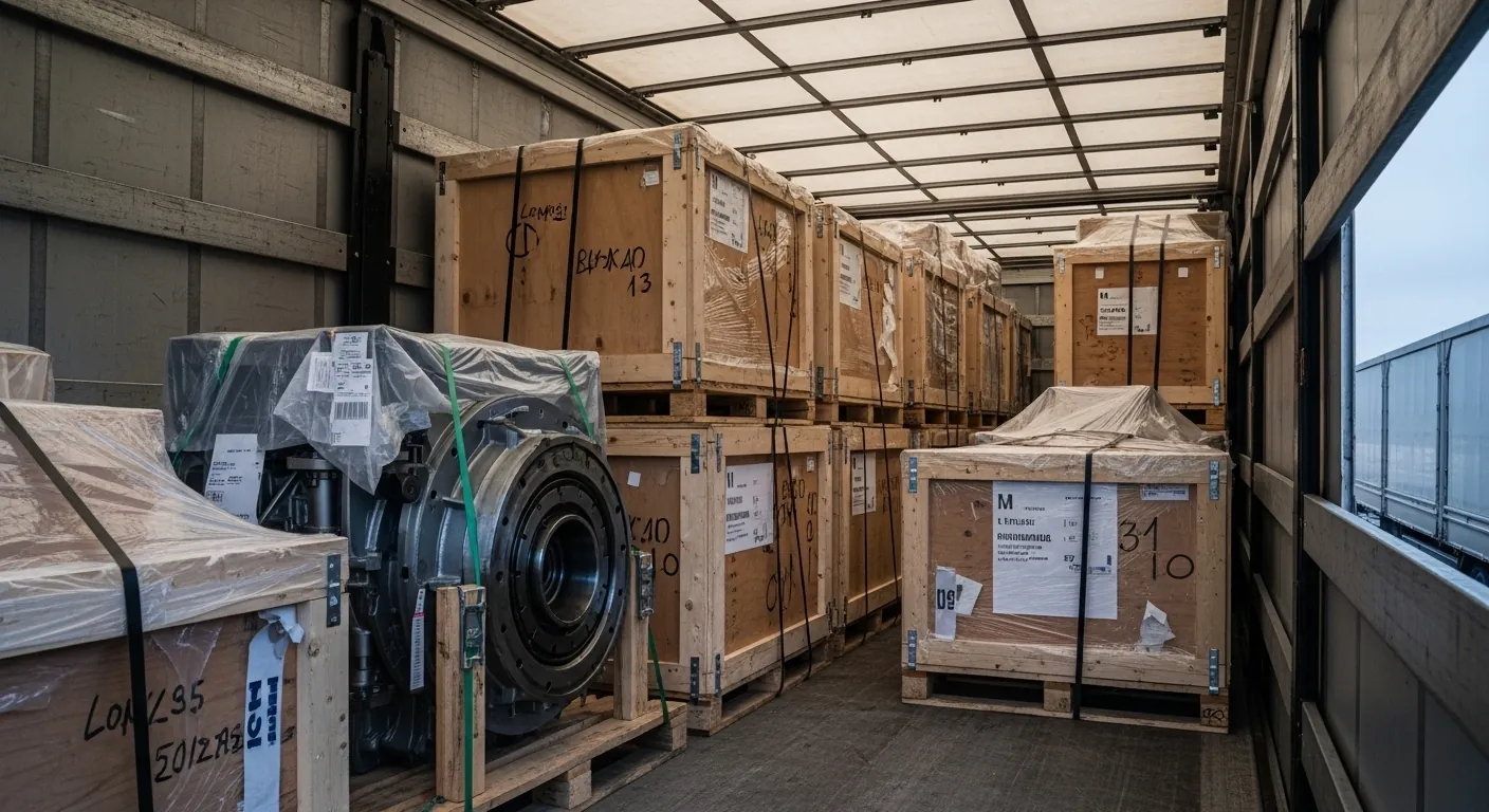AI image of machine parts packaged and crated in the back of a truck trailer